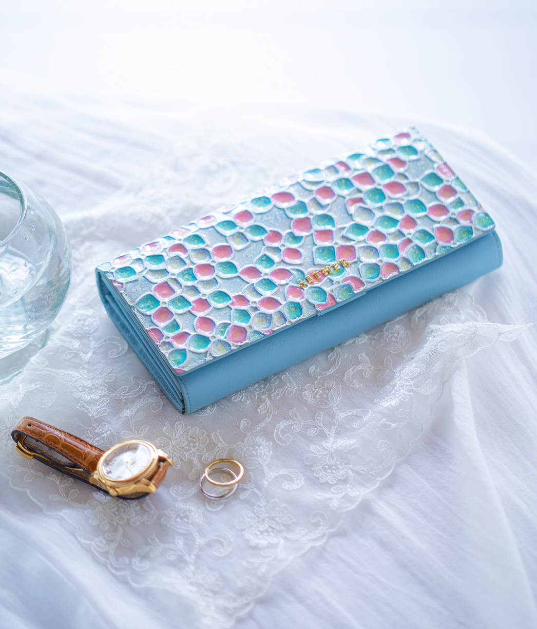 紫陽花柄レザー「オルテンシア」長財布（かぶせ）|エーテルのブーケプレゼント